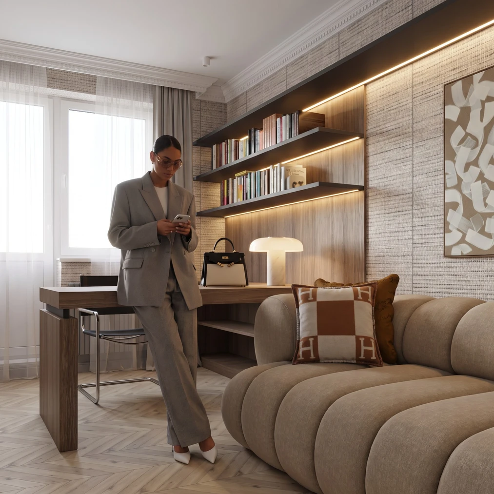 Surowy model wnętrza ze SketchUpa i fotorealistyczna wizualizacja AI wygenerowana przez Raya.design
