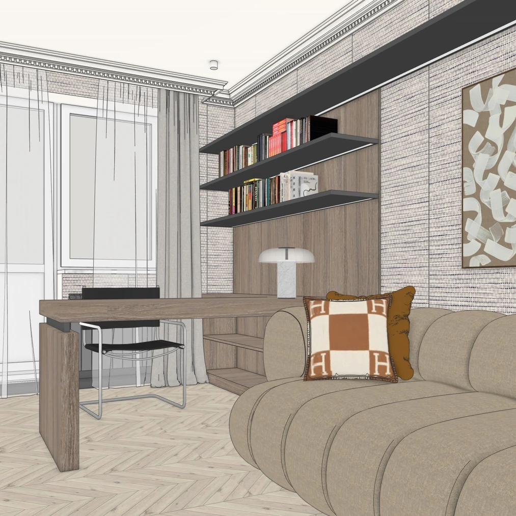 Surowy model wnętrza ze SketchUpa i fotorealistyczna wizualizacja AI wygenerowana przez Raya.design