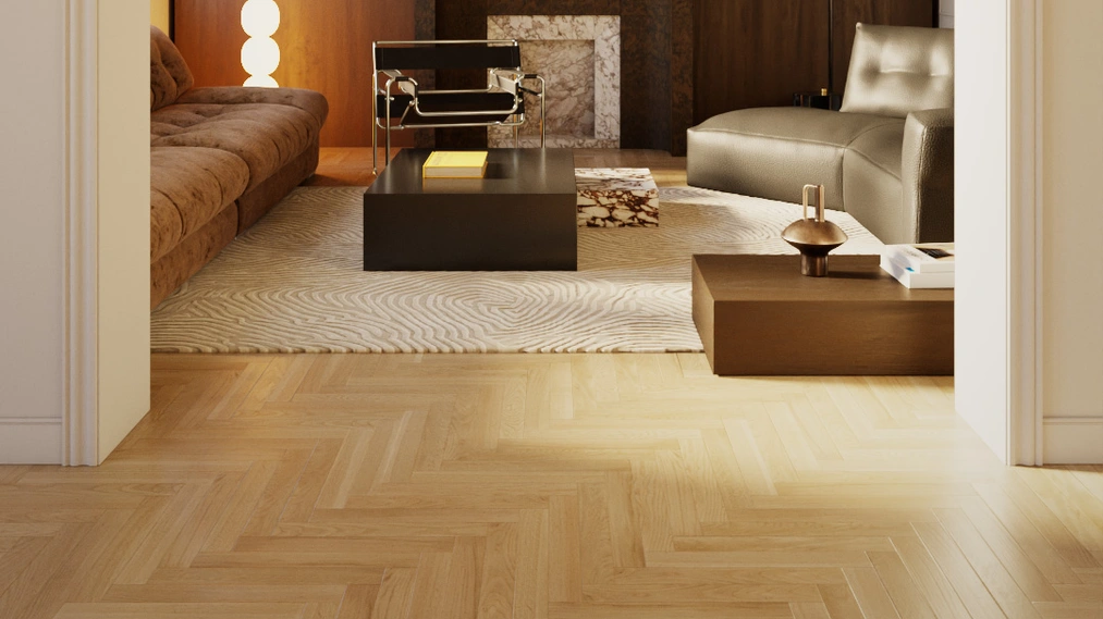 Przykładowy projekt wnętrza wykorzystujący dębową jodełkę klasyczną