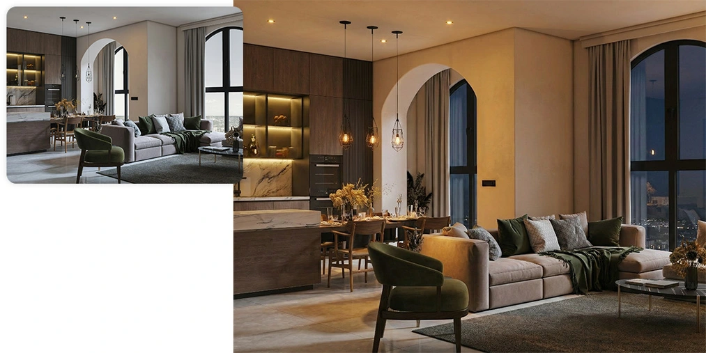 Zamiana widoku w oświetleniu dziennym na światło wieczorowe z Nano Banana Pro Nano Banana Pro w projektowaniu wnętrz - kompletny przewodnik z gotowymi promptami! - 05