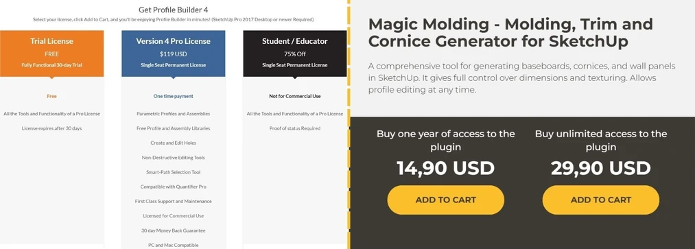 Porównanie cen wtyczek do SketchUp: Profile Builder 4 vs Magic Molding