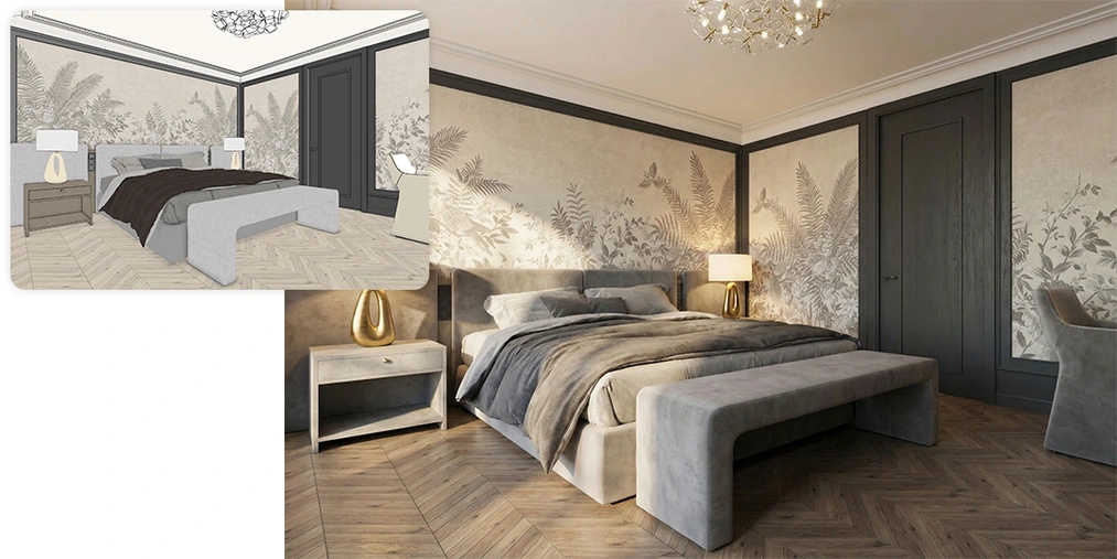 Zamiana prostego widoku sypialni ze SketchUpa w fotorealistyczną wizualizację z wykorzystaniem Nano Banana Pro SketchUp i Nano Banana Pro: fotorealistyczne wizualizacje w 5 minut! Czy to koniec V-Raya? - 01