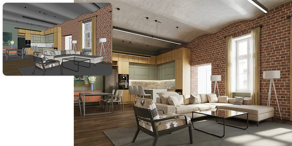 Nano Banana Pro idealnie odwzorowuje wszystkie szczegóły wnętrz, nawet w skomplikowanych i nietypowych układach SketchUp i Nano Banana Pro: fotorealistyczne wizualizacje w 5 minut! Czy to koniec V-Raya? - 04