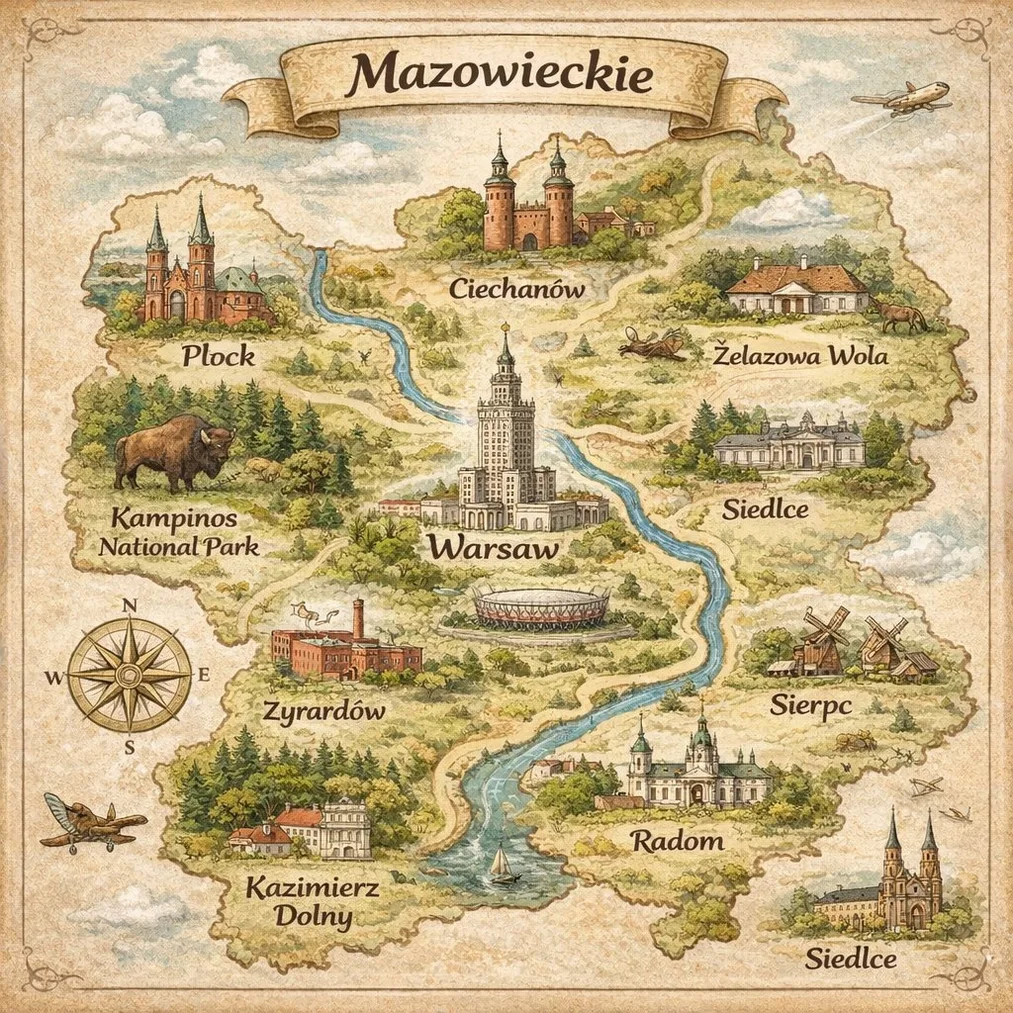 Test 7 GPT Image 1.5 generowanie mapy województwa mazowieckiego – niepoprawny obrys